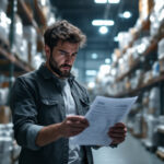 A photograph of a frustrated business owner standing in a dimly lit warehouse