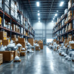 A photograph of a warehouse filled with various types of hazardous location lighting fixtures