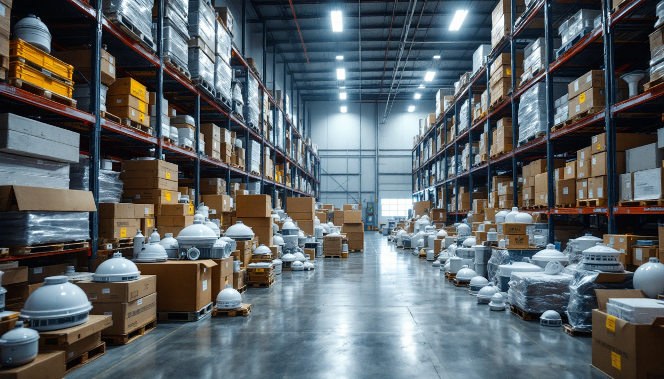 A photograph of a warehouse filled with various types of hazardous location lighting fixtures