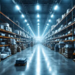 A photograph of a bustling warehouse filled with stacks of commercial lighting fixtures
