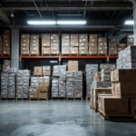 A photograph of a warehouse filled with stacked boxes of vapor tight high bay lights