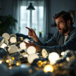 A photograph of a frustrated homeowner examining a pile of mismatched and low-quality light fixtures in a dimly lit room