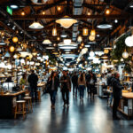 A photograph of a bustling outdoor lighting showroom