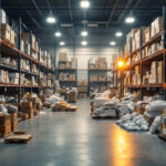 A photograph of a cluttered warehouse filled with bulk light bulbs and led tubes