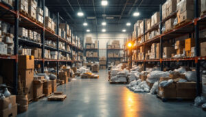 A photograph of a cluttered warehouse filled with bulk light bulbs and led tubes