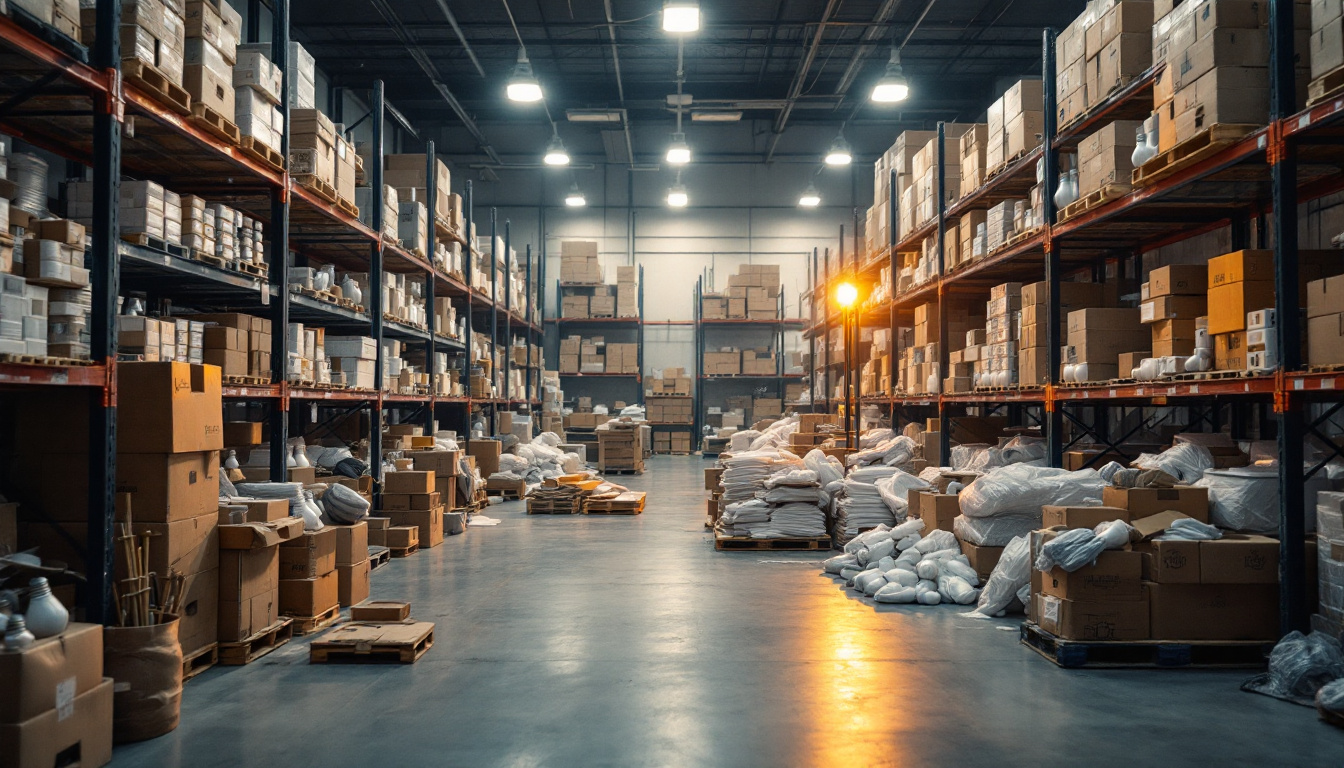 A photograph of a cluttered warehouse filled with bulk light bulbs and led tubes