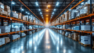A photograph of a warehouse filled with led retrofit lighting kits