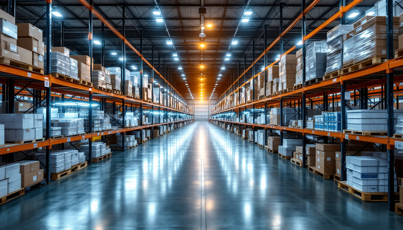 A photograph of a warehouse filled with led retrofit lighting kits