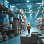 A photograph of a busy warehouse filled with stacks of electrical supplies and controls