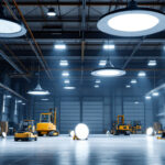 A photograph of a well-lit industrial space showcasing various high bay lighting fixtures in action