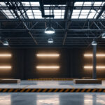 A photograph of a well-lit industrial or commercial space featuring low bay lighting fixtures