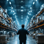 A photograph of a warehouse filled with large industrial ceiling fans