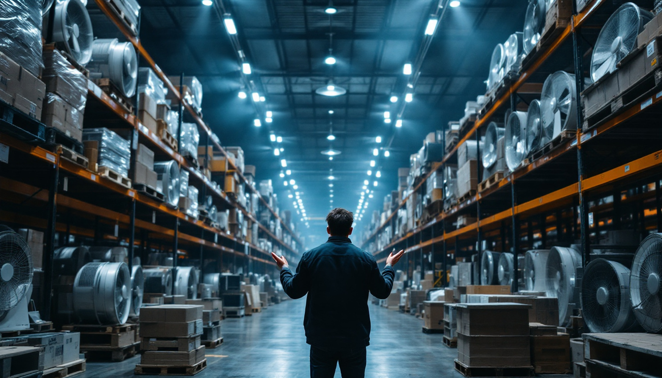 A photograph of a warehouse filled with large industrial ceiling fans