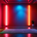 A photograph of a well-designed interior space illuminated by vibrant strip lights