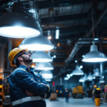 A photograph of a well-lit industrial setting featuring vapor tight lighting fixtures in use