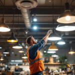 A photograph of a well-lit commercial space showcasing various shop lights in use
