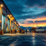 A photograph of a well-lit loading dock scene at dusk