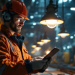 A photograph of a lighting contractor inspecting a rugged