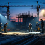 A photograph of a construction site at dusk