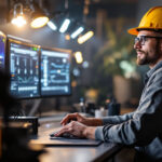 A photograph of a lighting contractor actively engaging with a modern networked lighting control system