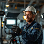 A photograph of a professional lighting contractor in action