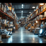 A photograph of a cluttered warehouse filled with various types of work lights