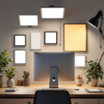 A photograph of a well-lit workspace featuring a variety of flat panel lights in different settings