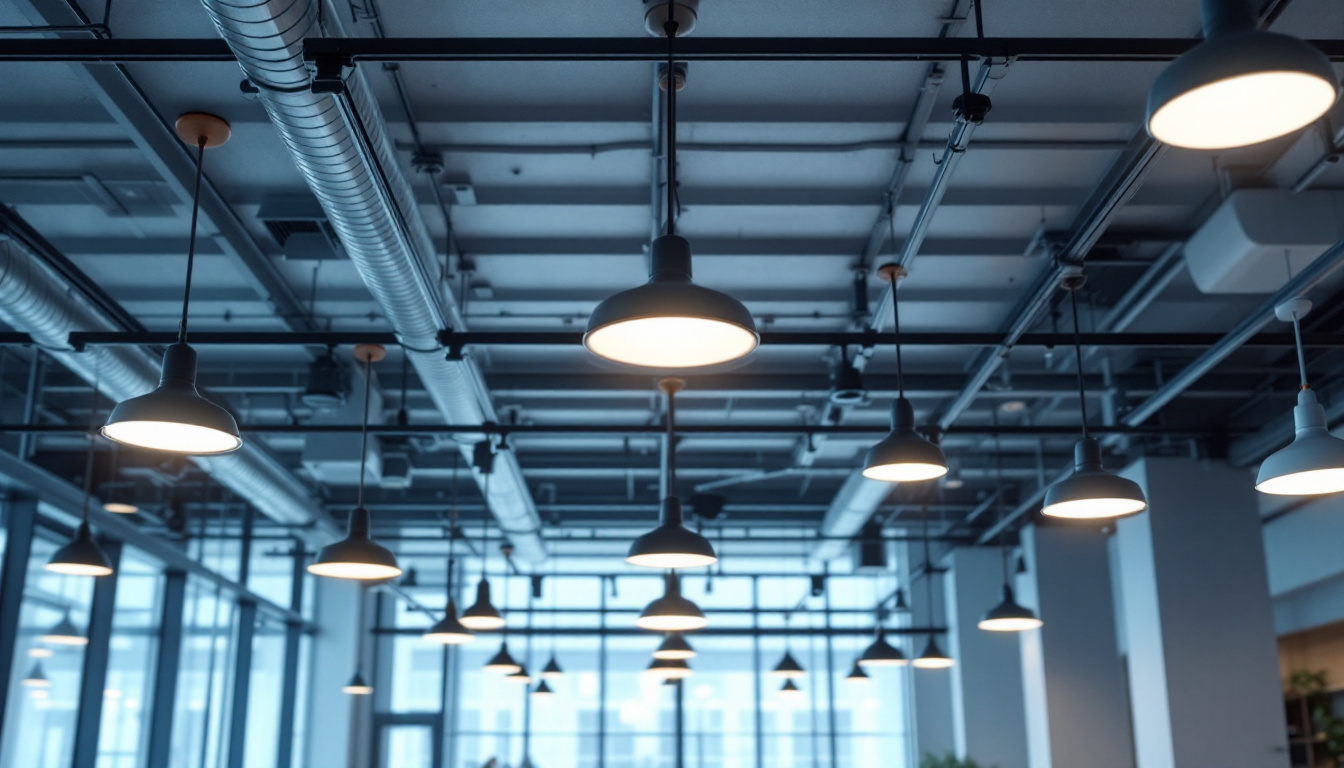 A photograph of a well-lit commercial space featuring drop ceiling lights in various styles