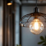 A photograph of a stylishly designed suspended light fixture in a modern interior setting
