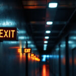 A photograph of a dimly lit corridor featuring illuminated emergency exit lights