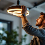 A photograph of a skilled lighting contractor expertly installing or adjusting a stylish wrap lighting fixture in a modern interior space