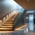A photograph of a well-lit stairway and corridor