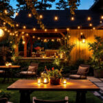 A photograph of a beautifully designed outdoor space featuring both gooseneck and barn lights