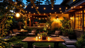 A photograph of a beautifully designed outdoor space featuring both gooseneck and barn lights