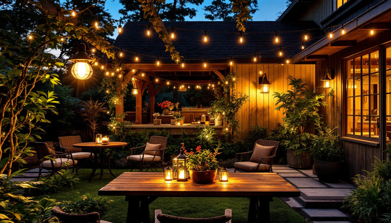 A photograph of a beautifully designed outdoor space featuring both gooseneck and barn lights