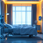 A photograph of a hospital room featuring modern bed lights in use