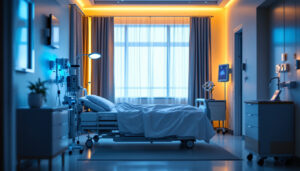 A photograph of a hospital room featuring modern bed lights in use