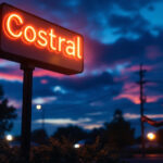 A photograph of a well-lit commercial sign at twilight