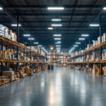A photograph of a bustling warehouse filled with various troffer lights