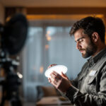 A photograph of a lighting contractor meticulously installing wafer lights in a modern residential setting