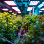 A photograph of a well-lit indoor garden or greenhouse showcasing various plants under vibrant grow lights