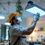 A photograph of a modern lighting contractor installing uv disinfecting lights and air purifier fixtures in a commercial space