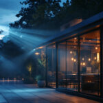 A photograph of a well-lit outdoor space showcasing various types of flood lights in action