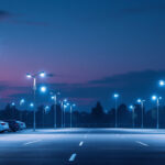 A photograph of a well-lit parking lot at dusk