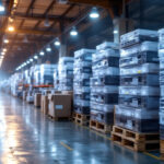 A photograph of a bustling warehouse filled with stacks of networked controlled lighting equipment