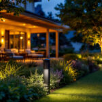 A photograph of a beautifully illuminated outdoor space featuring various styles of post top lights in use