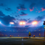 A photograph of a brightly lit stadium at dusk