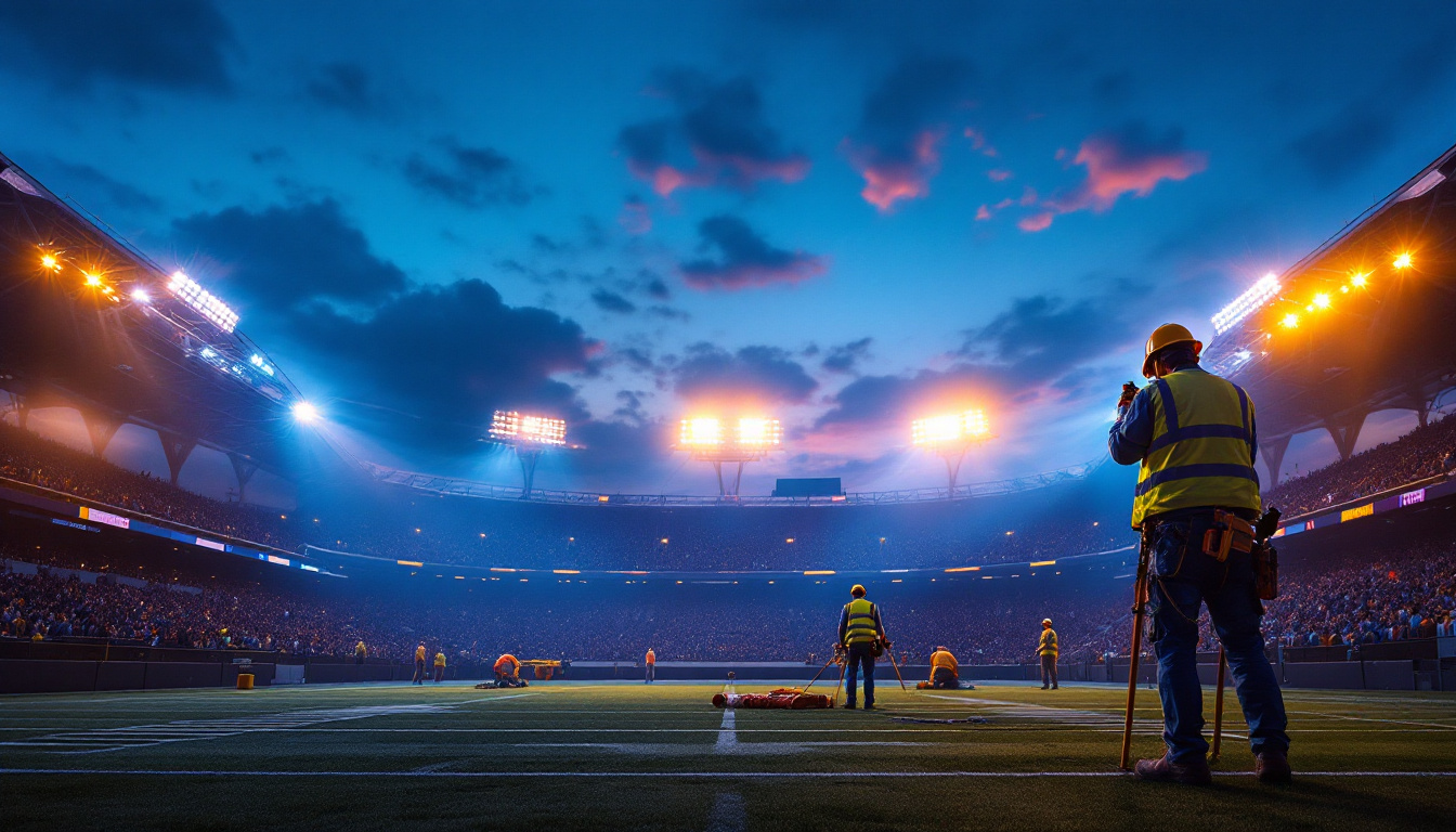 A photograph of a brightly lit stadium at dusk