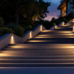 A photograph of a beautifully illuminated outdoor stairway at dusk