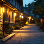 A photograph of a well-lit outdoor area featuring strategically placed motion sensor lights illuminating pathways and highlighting security features